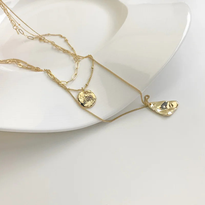 Unisex Layered Choker Necklace with Triangle Pendant - Multi-chain Collarbone Necklace for Men & Women