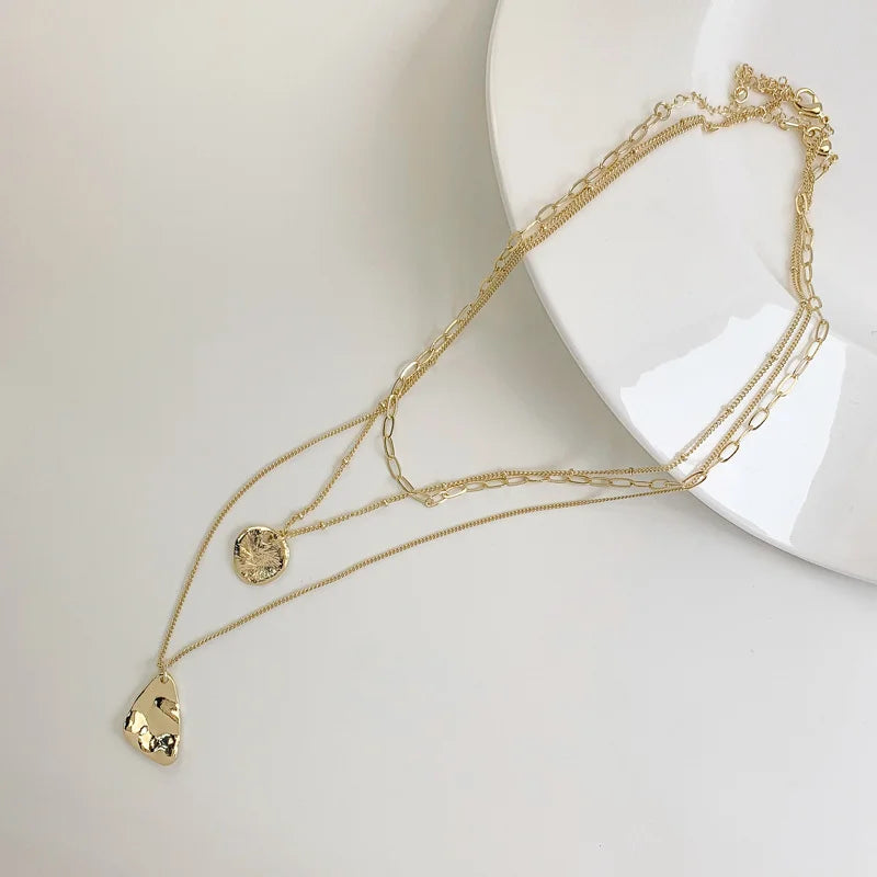 Unisex Layered Choker Necklace with Triangle Pendant - Multi-chain Collarbone Necklace for Men & Women