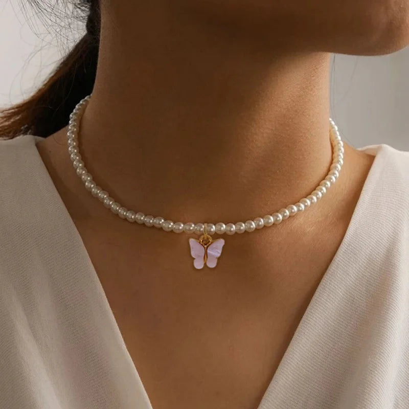 Elegant White Pearl Necklace - Delicate Round Wedding Pearls with Butterfly Pendant, Timeless Bridal Jewelry for Women